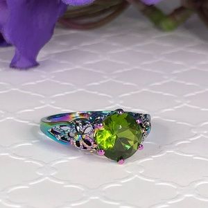 Peridot Ring in Rainbow Plated Sterling Silver Filigree Setting, Simulated Gem